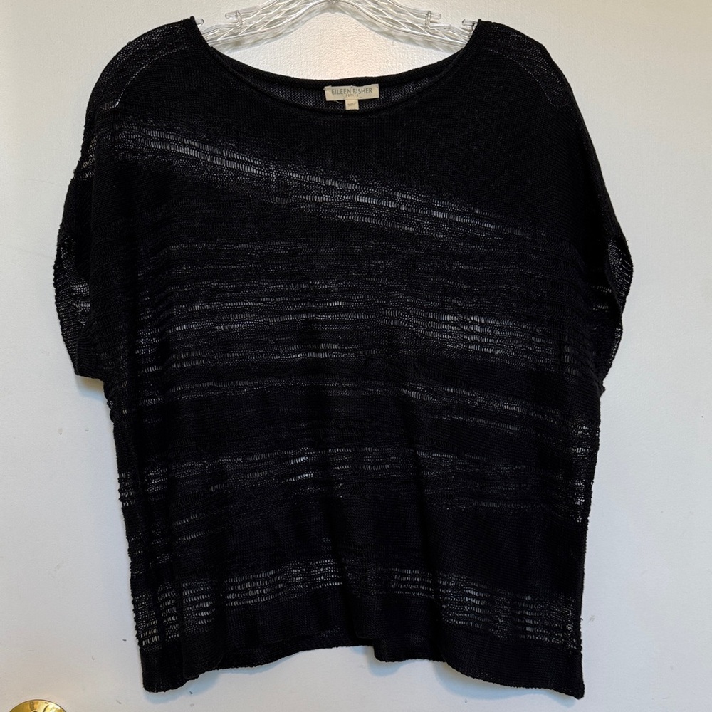 Eileen Fisher Black Sheer Knit 100% Organic Linen Blouse